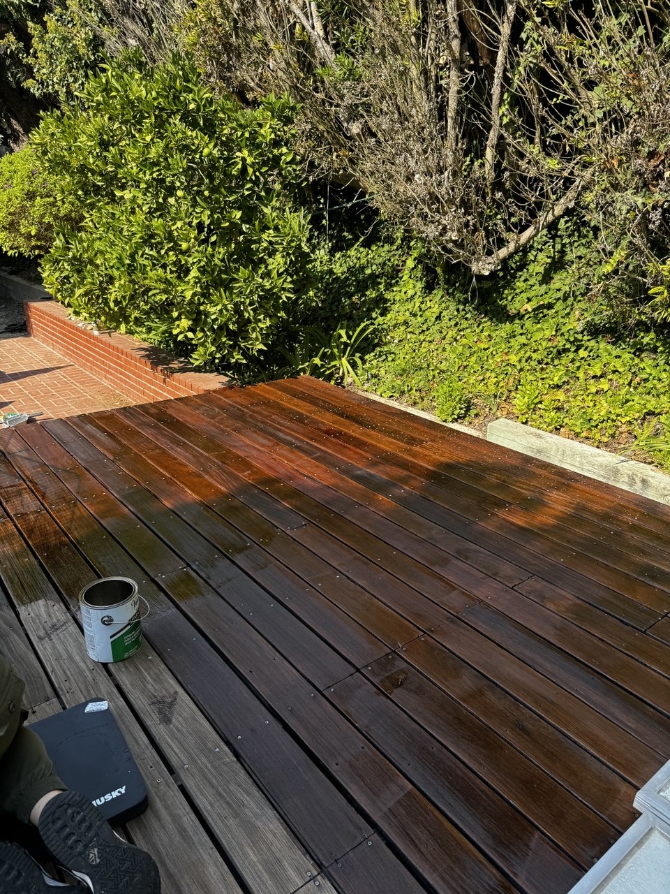 Wood deck restoration and staining with rich brown finish - Flashpoint Builders Newport Beach